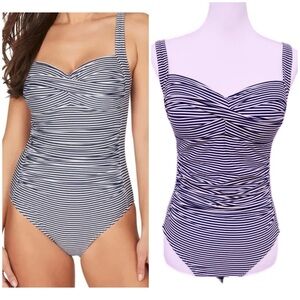 NipTuck Swim slimming navy white nautical‎ stripes one piece swimsuit size 8